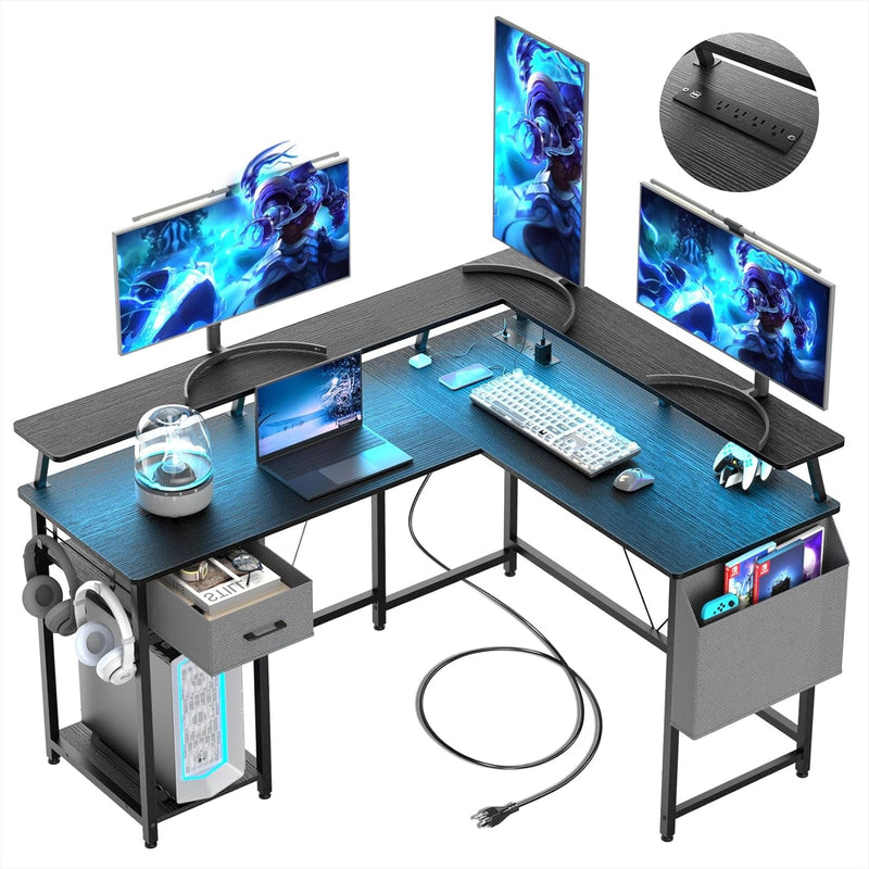 57 Inch L Shaped Gaming Desk, Computer Desk with Drawers Storage, Corner Desk with Power Outlet USB Ports & LED Strip and Monitor Stand, for Home Office High-Density Fiberboard, Black