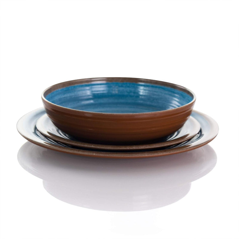 Elama Lightweight Dinnerware Set, 12 Piece, Blue and Brown