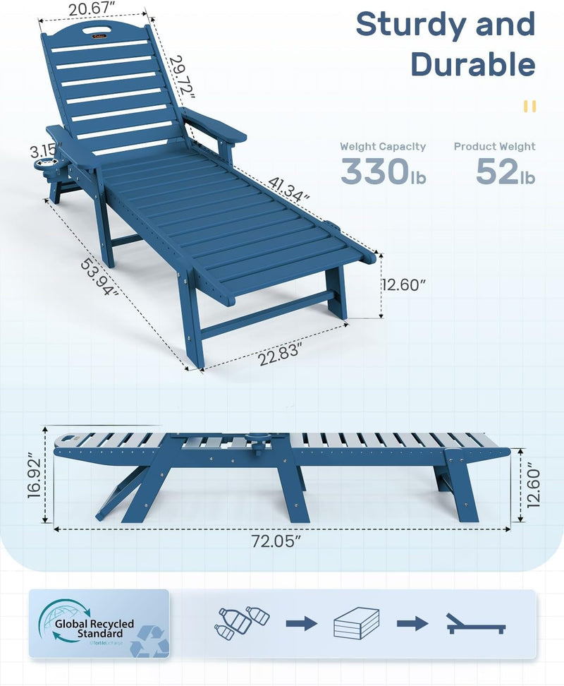 Chaise Lounge Chair for Outdoor,Patio Lounge Chair with 6 Positions, Weather Resistant, Pool Chaise Lounge with Cup Holder,Resin Chair for outside Garden Backyard Deck, Azure Blue
