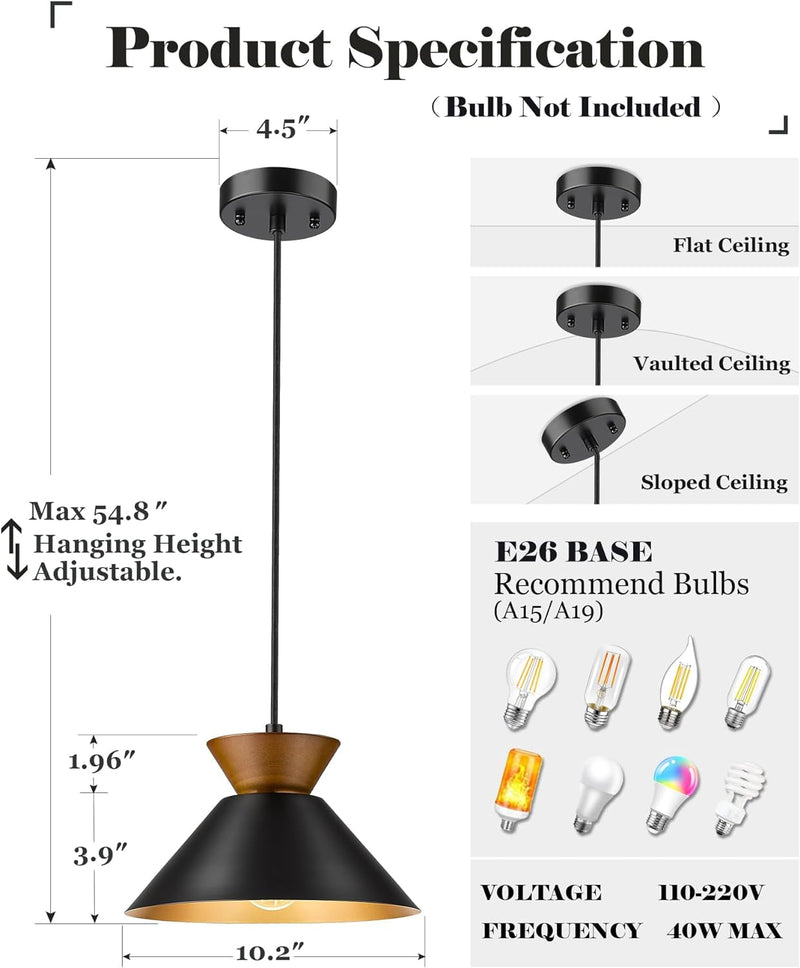 ELYONA Modern Pendant Lights Kitchen Island, Solid Wood Hanging Lamp with Matte Black Metal Shade & Gold Inner Finish, Farmhouse Pendant Light Fixtures for Dining Room, Bedroom, Living Room, Hallway