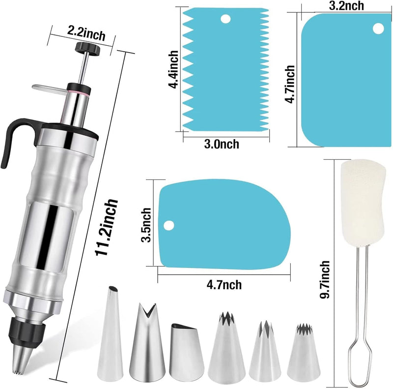 Dessert Decorating Syringe Set Frosting Piping Kit Stainless Steels Cake Decorating Tool 6 Russian Piping Icing Nozzles Cream Scraper Cupcake Frosting Filling Injector Cake Icing Tools