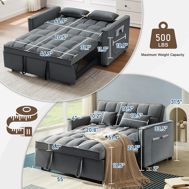 55'' 3-In-1 Velvet Convertible Loveseat Sofa Bed-2-Seater Sleeper Couch with Pull-Out Bed, Reclining Backrest, Pillows, Pockets-Perfect for Small Spaces, Living Room Furniture, Dark Grey