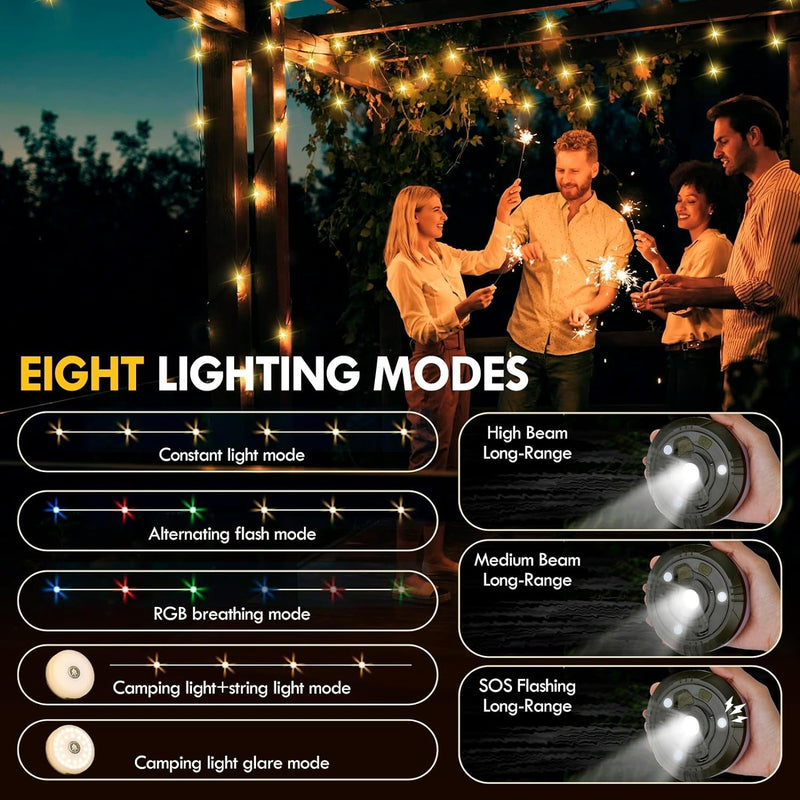 Camping String Lights, Outdoor String Lights with 8 Lighting Modes(32.8Ft), 2 in 1 Rechargeable Waterproof Portable Stowable USB Camping Lights for Camping, Yard, Party Decor