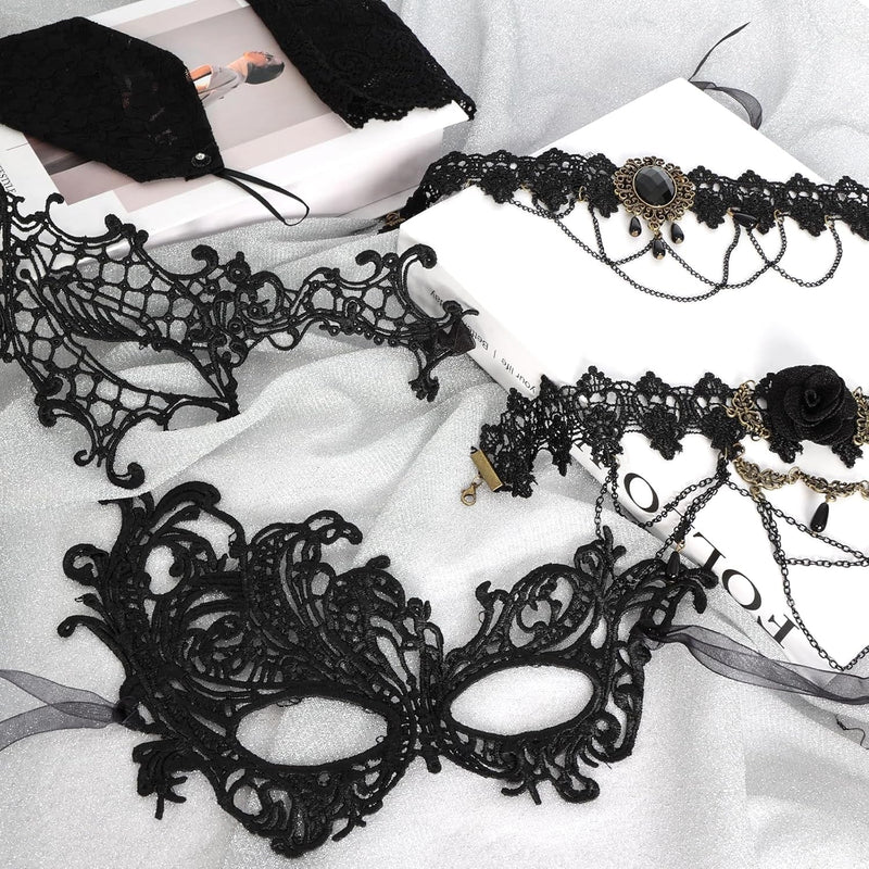 Fumwase 6 Pcs Eyemask Set Party Mask Set for Women Black Lace Eyemask Necklace Gloves Set Cosplay Halloween Accessories