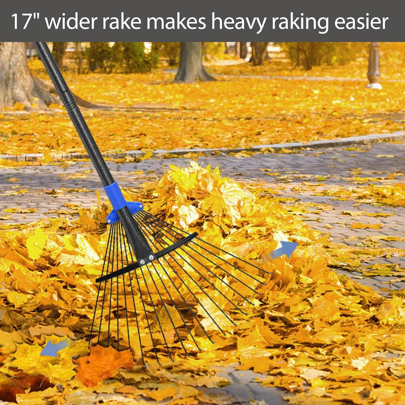 Adjustable Metal Leaf Rake Long Handle, Garden Rakes for Lawns Heavy Duty Leaves with Expandable Head 8-17", Yard Women Kids Rake for Gardening RV Camping