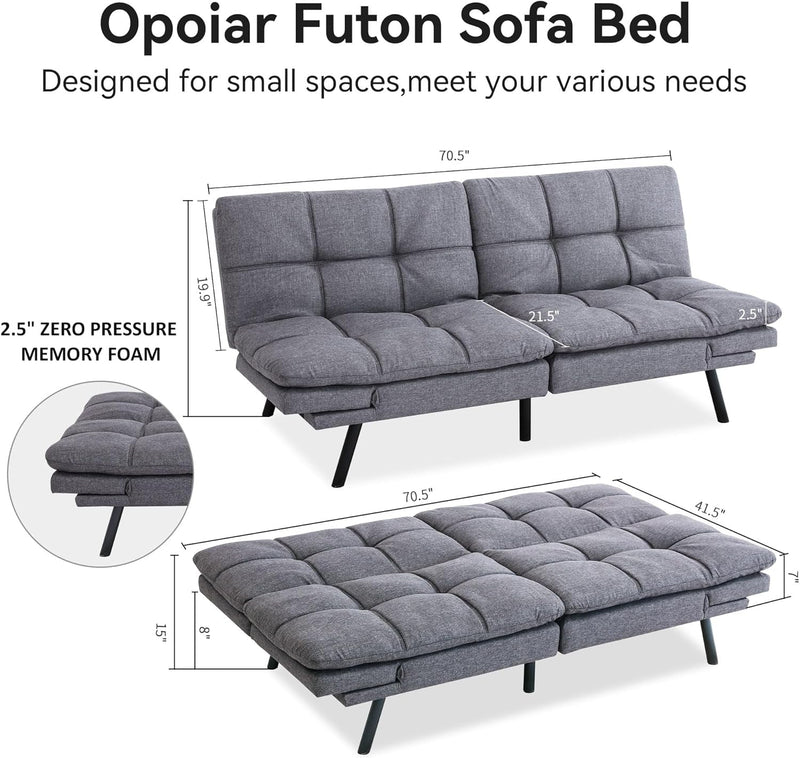 Convertible Futon Bed,Gray Fabric Memory Foam Loveseat Sofas, Pure Grey