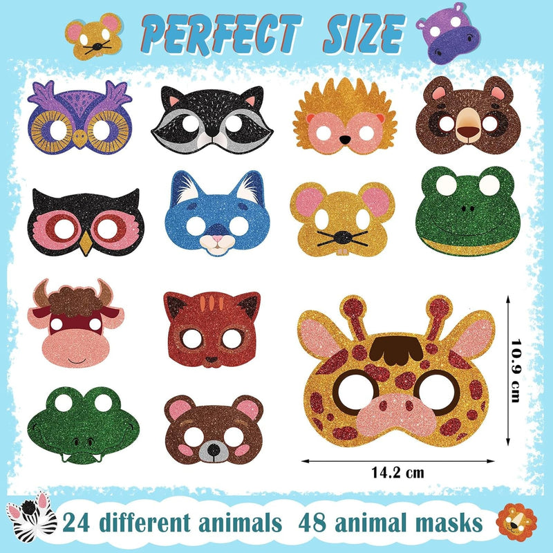 Charniol 48 Pcs Animal Masks Safari Animal Face Mask for Kids Woodland Party Paper Masks for Kids Jungle Safari Theme Birthday Party Cosplay Dress up Party Favors Supplies, 24 Different Designs