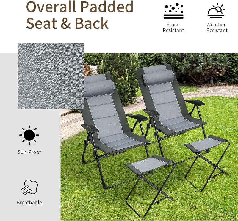 Giantex Set of 2 Patio Dining Chairs with Footstools, Folding Recliner Chairs with 7-Position Adjustable Backrest, Headrest, Mesh Bag, Outdoor Portable Lounge Chairs for Poolside Backyard, Grey