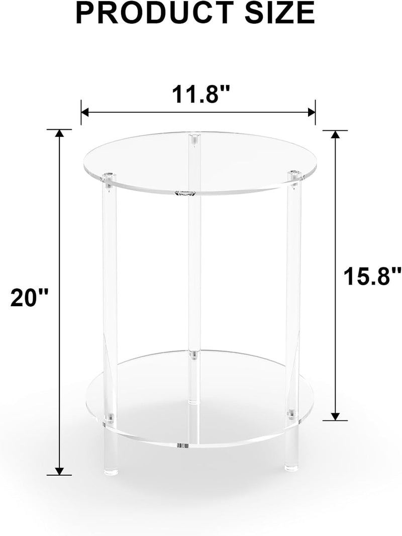 Clear Acrylic round Side Table for Small Spaces, Acrylic Clear Coffee/End/Bedside Table,2-Tier Acrylic Nightsand/Furniture for Living Room, Bedroom, Bathroom, Garden, Office
