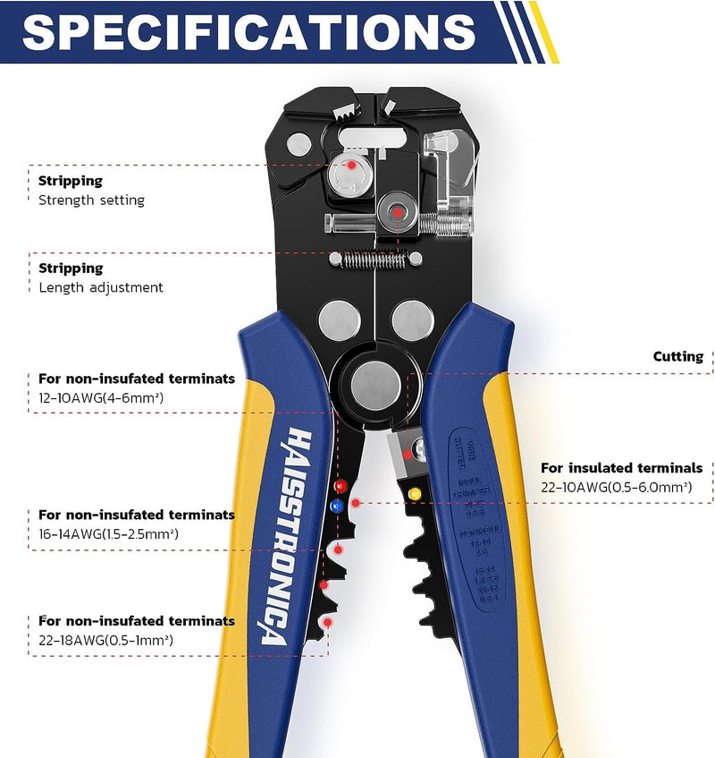 Haisstronica Self-Adjusting Wire Stripper, 3 in 1 Stripper/Cutter/Crimping Heavy Duty Automatic Electrical Wire Strippers for 10-24 AWG