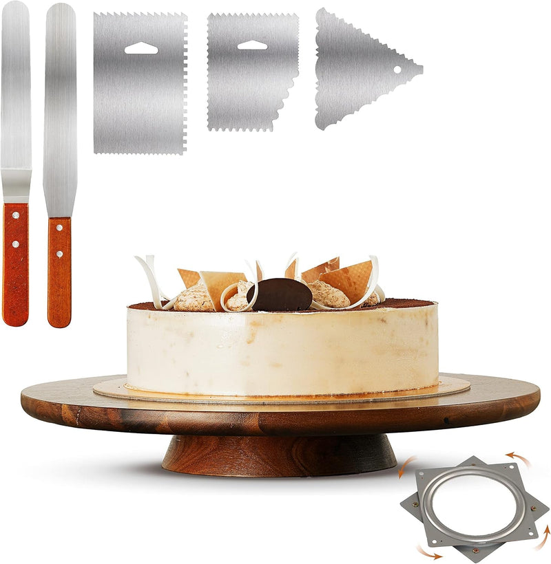 13" Acacia Cake Stand Rotating – Rustic Cake Stand Set Turntable with 2 Icing Spatulas, 3 Smoothers – Wooden Revolving Spinner Cake Decorating Supplies - Use at Parties, Wedding (Acacia Wood)