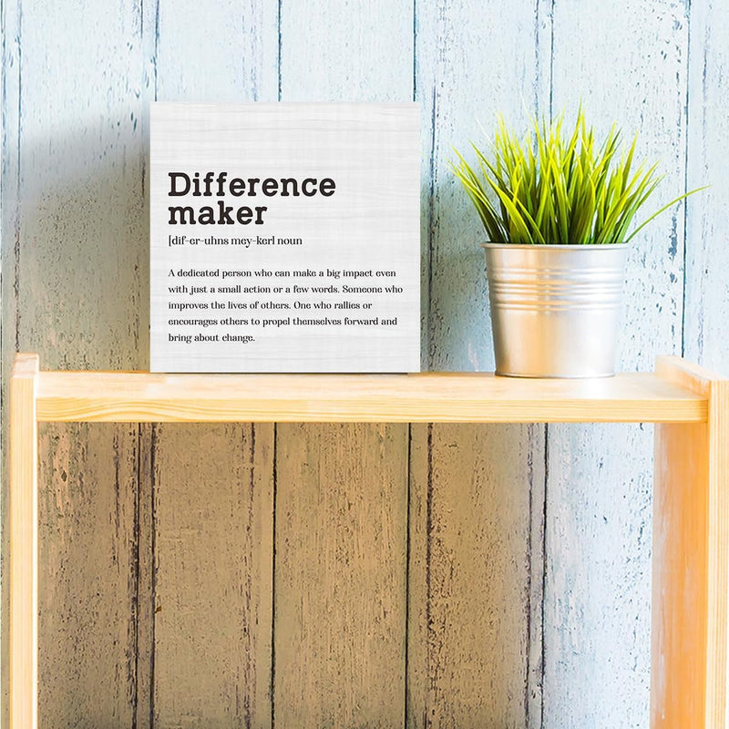 Difference Maker Definition Home Office Decor Wooden Box Sign, Motivational Farmhouse Decorative Positive Office Desk Accessories Wood Plaque Affirmations Wood Table Sign for TV Cabinet Shelf