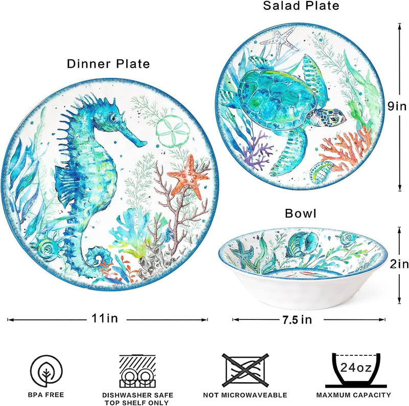 12-Piece Melamine Beach Dinnerware Set, Coastal Plates and Bowls Sets, Oceanic Sea Life Dish Sets for 4, Great for Indoor Outdoor Dining on the Beach, RV, Camping or Cabin