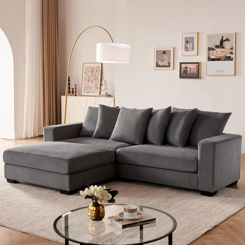 101.6" Comfy Deep Seat Corduroy Sectional Couches for Living Room, L-Shaped Upholstered Modular Sectional Sofa Cloud Couch with Thickened Cushions Widened Armrests for 4 People, Grey