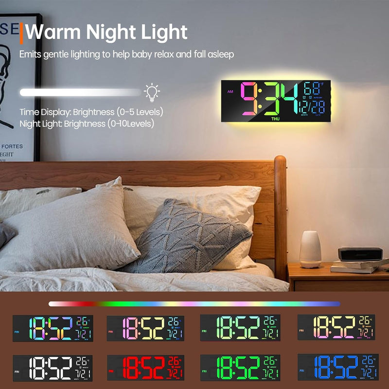 Digital Wall Clock Large Display, 13" Large Digital Wall Clock with RGB Color Remote Control, Automatic Brightness Dimmer Big Clock with Night Lights, Auto DST, Date Week,Perfect for Gift