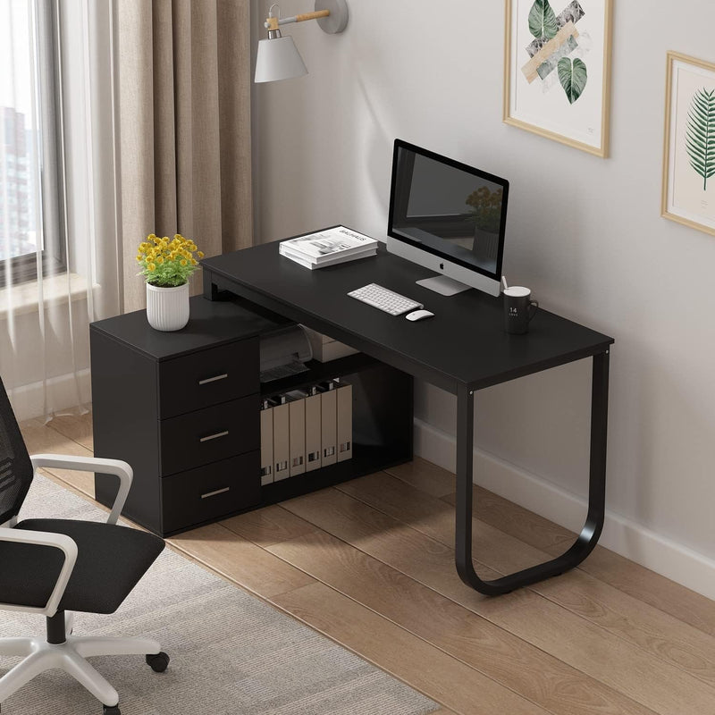 Homsee Home Office Computer Desk Corner Desk with 3 Drawers and 2 Shelves, 55 Inch Large L-Shaped Study Writing Table with Storage Cabinet - Dark Gray & Black