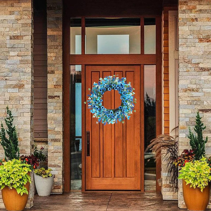 Artificial Summer Wreath, 20" Artificial Flower Wreath with White and Blue Daisy, Spring Wreaths with LED Lights for Front Door Home Decor