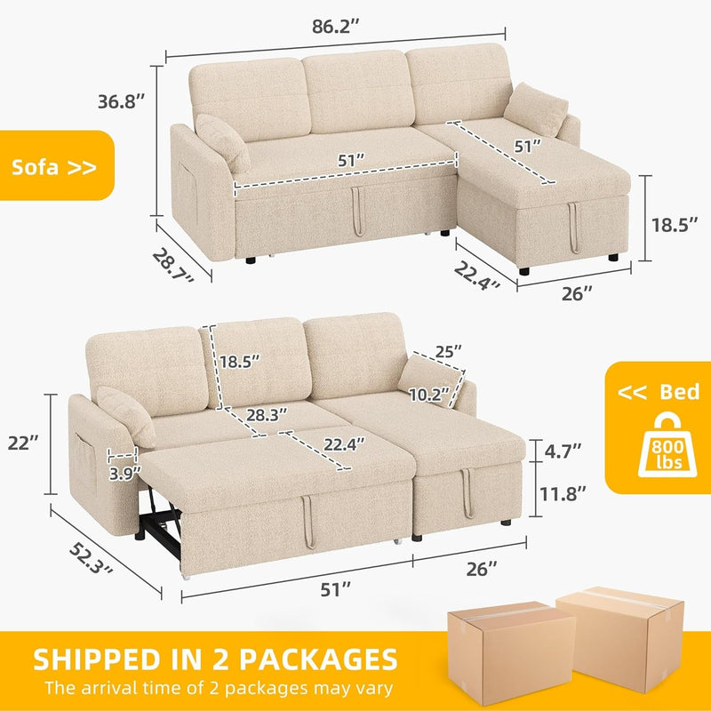 DWVO Convertible L-Shaped Sofa Bed, 2 in 1 Sleeper Sofa with Pull Out Couch Bed, 86" Sectional Sofa with Storage Chaise and Pocket for Living Room, Beige Teddy Fleece