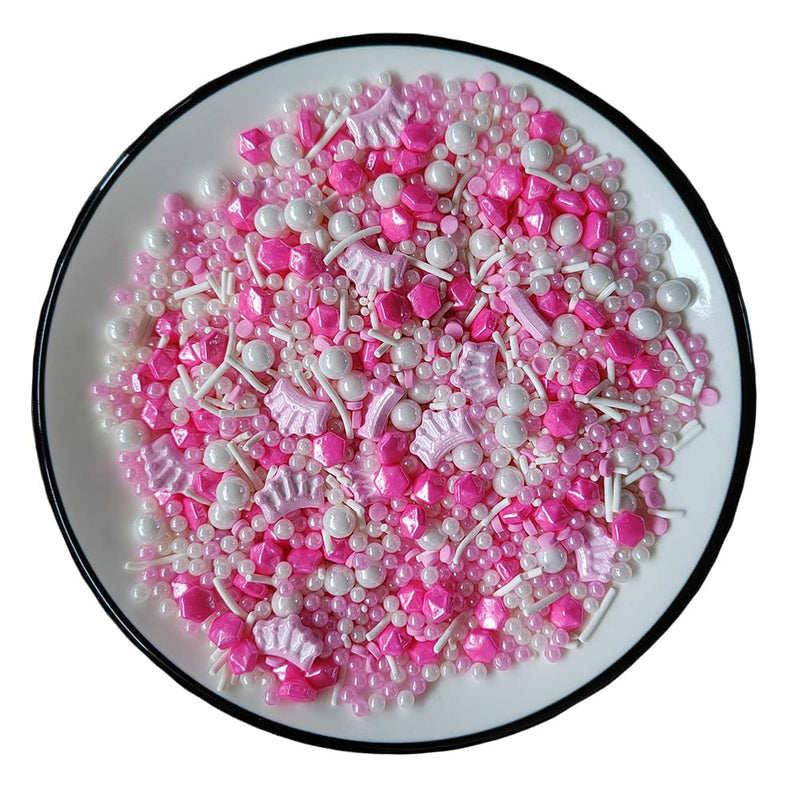 Edible Pink Crown Pearl Sugar Sprinkles Candy Mix Size Baking Edible Cake Decorations Cupcake Toppers Cookie Decorating Wedding Party Valentine Halloween Christmas Supplies 100G/3.53Oz