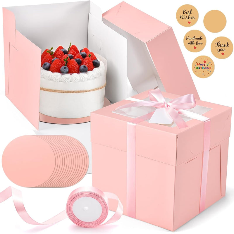 40Pcs 8X8X8 Inch Cake Boxes, 20Pcs Pink Bakery Boxes with Window (20Pcs Cake Boards), Square Cake Carrier Container Disposable Pie Boxes Package for Bake Decorating Supplies