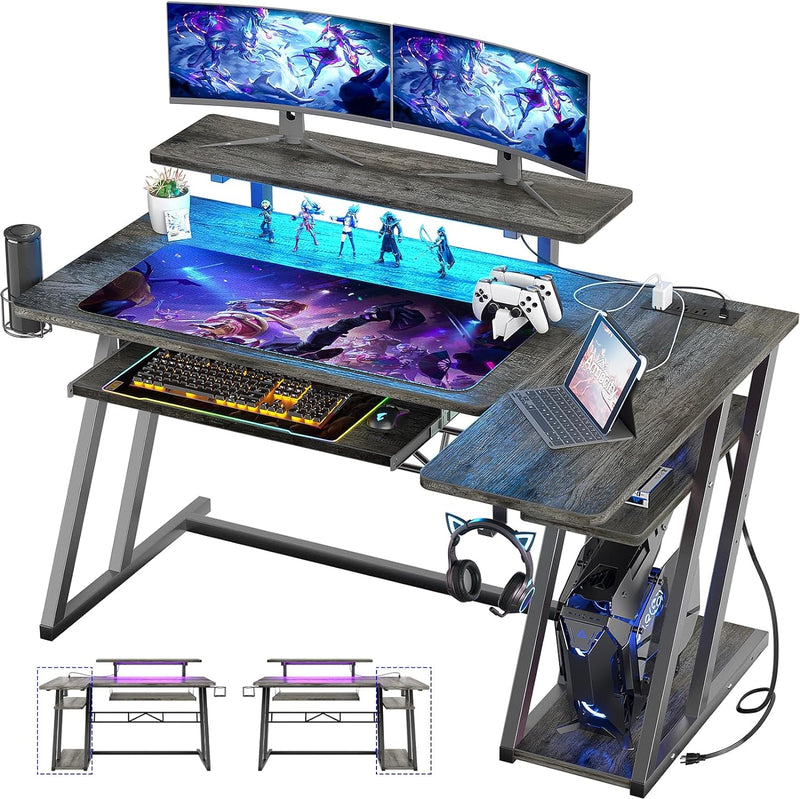 Armocity L Shaped Gaming Desk with LED Lights and Outlets, White PC Gaming Desk with Monitor Stand and Shelves, Reversible Gaming Computer Desk with Keyboard Tray & Z-Shape Legs, 47"