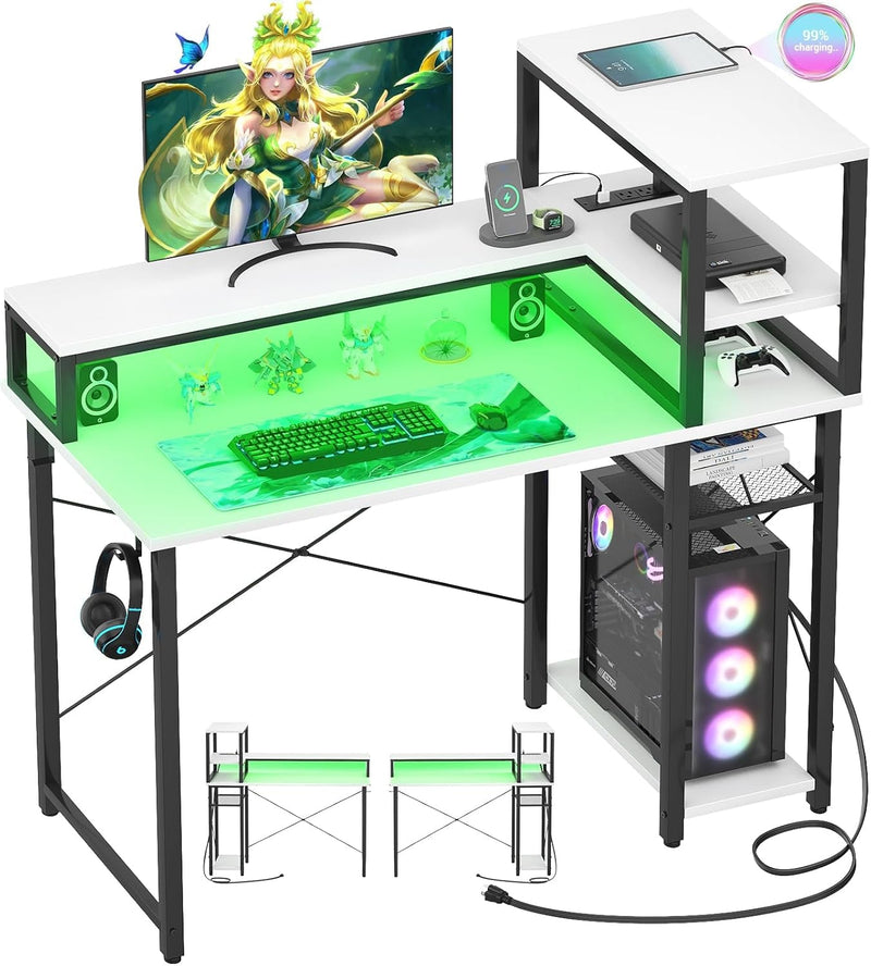 Cyclysio Gaming Desk 39", Computer Desk with Reversible Storage Shelves, Home Office Desk with Power Outlets & RGB Led Lights, Small Desk for Gaming, Studying, Working Black