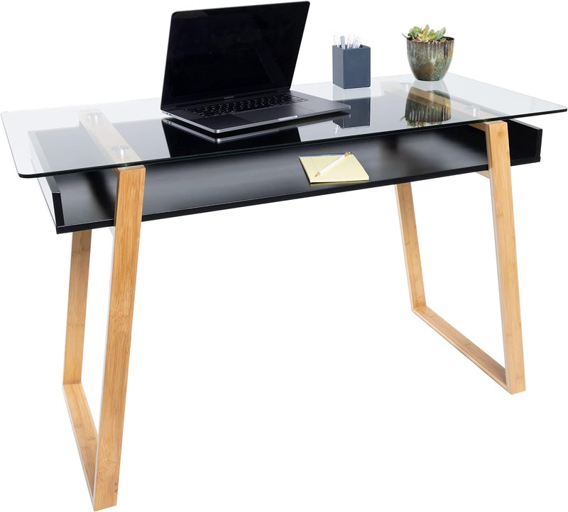Bonvivo Massimo Small Desk - 43 Inch, Modern Computer Desk for Small Spaces, Living Room, Office and Bedroom - Study Table W/Glass Top and Shelf Space - Black
