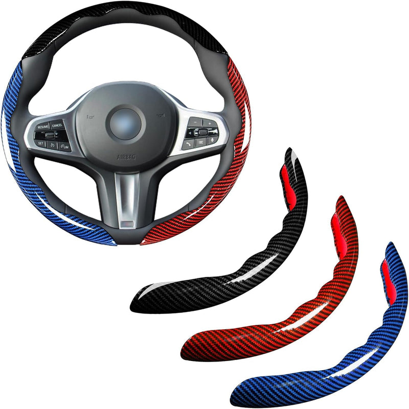 Car Steering Wheel Cover Set Bright Carbon Fiber Wrap Non-Slip 3Pcs Steering Wheel Accessories 14.5-15 Inch Universal (Red)