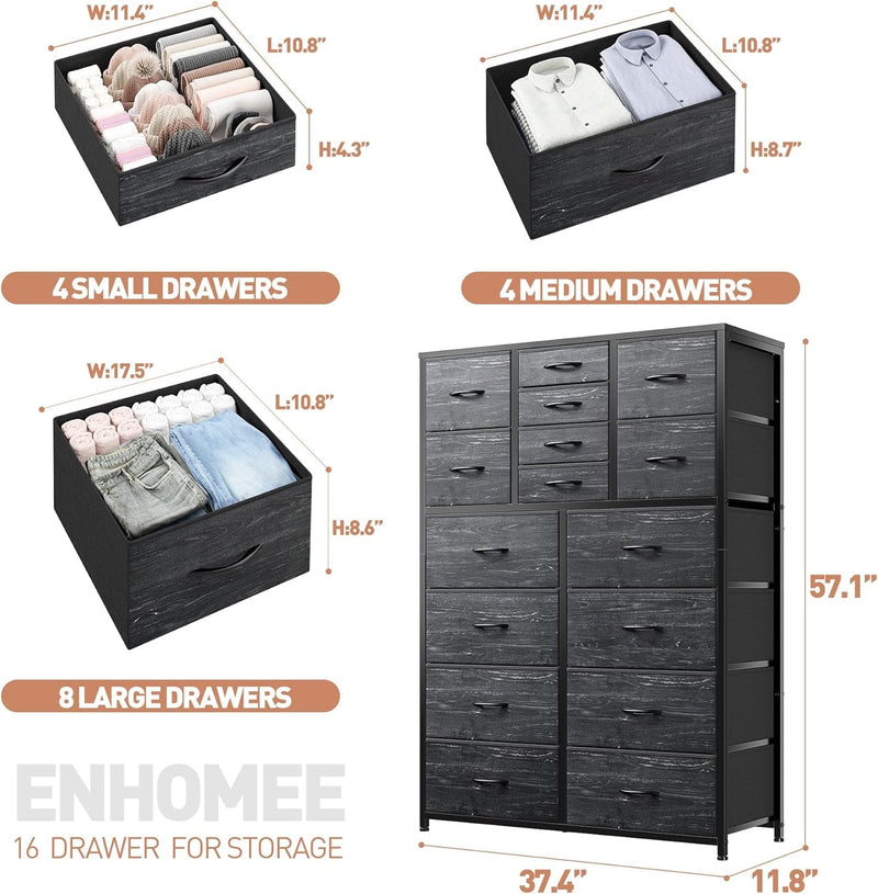 Enhomee 16 Drawers Dresser for Bedroom, Tall Dresser for Bedroom, Bedroom Dressers & Chests of Drawers with Wood Top and Metal Frame, Dresser for Bedroom, Closets, Living Room, Black Wood Grain