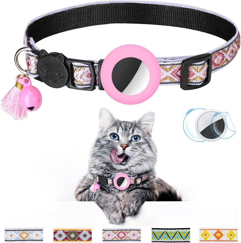 Airtag Cat Collar with Bell Adjustable Breakaway Kitten Collars:- Safety Buckle and Silicone Air Tag Holder Case Compatible with Apple Airtag Geometric Pattern Pet Collar (Cat Collar-Blue)