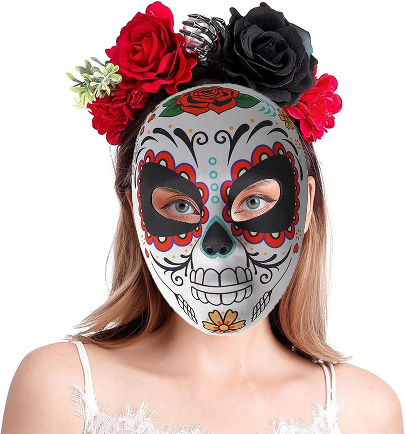 2 Pcs Day of the Dead Sugar Skull Mask Halloween Full Face Mask Women Zombie Skeleton Bone Flower Leaf Masquerade Party Mask for Birthday Festival Holiday Carnival Bar Cosplay Mexican Party Supplies