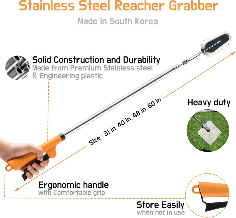 FTH All Stainless Steel Grabber Reacher Pickup Tool Heavy Duty Trash Picker Log BBQ Fireplace Pits Snake Tongs