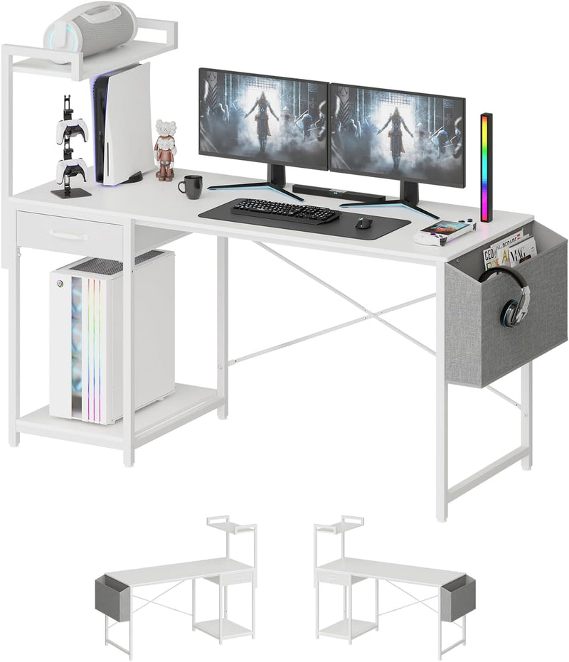 Computer Desk with Drawer 47 Inch Home Office with Storage,Simple Modern Work PC Student Writing Gaming Study Desk Table with Side Bag & CPU Stand for Bedroom,Home,Room,White