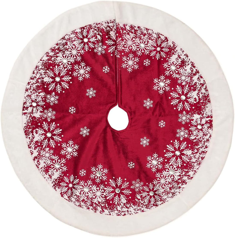 GMOEGEFT Christmas Tree Skirt 48 Inches Red Velvet with Snowflakes Xmas Decorations Holiday Decor