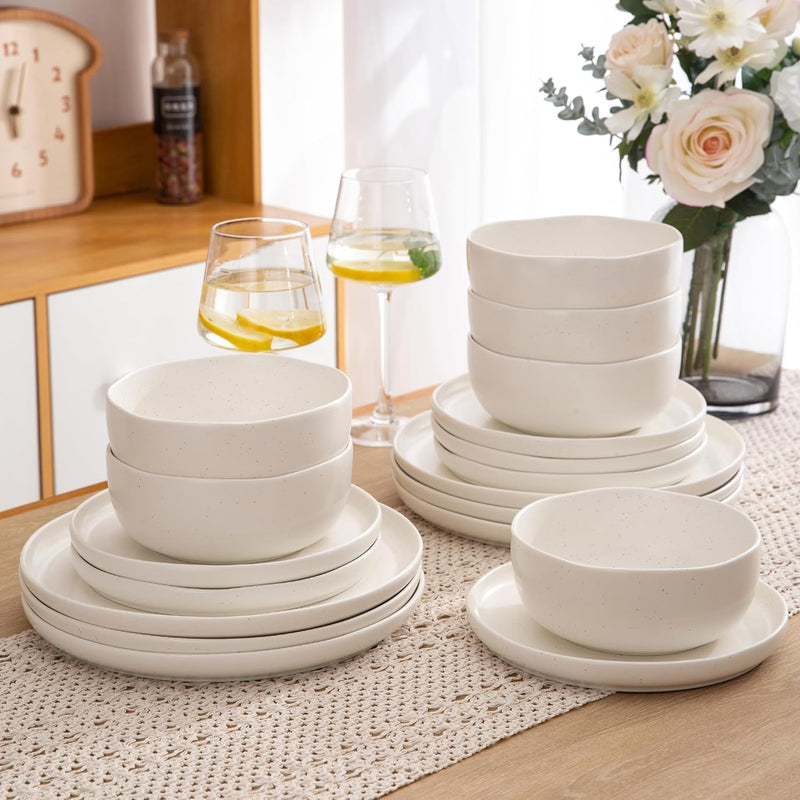 Amorarc Ceramic Dinnerware Sets, Wavy Rim Stoneware Plates and Bowls Sets, Highly Chip and Crack Resistant | Dishwasher & Microwave & Oven Safe Dishes Set, Service for 4 (12Pc)-Matte Speckled White