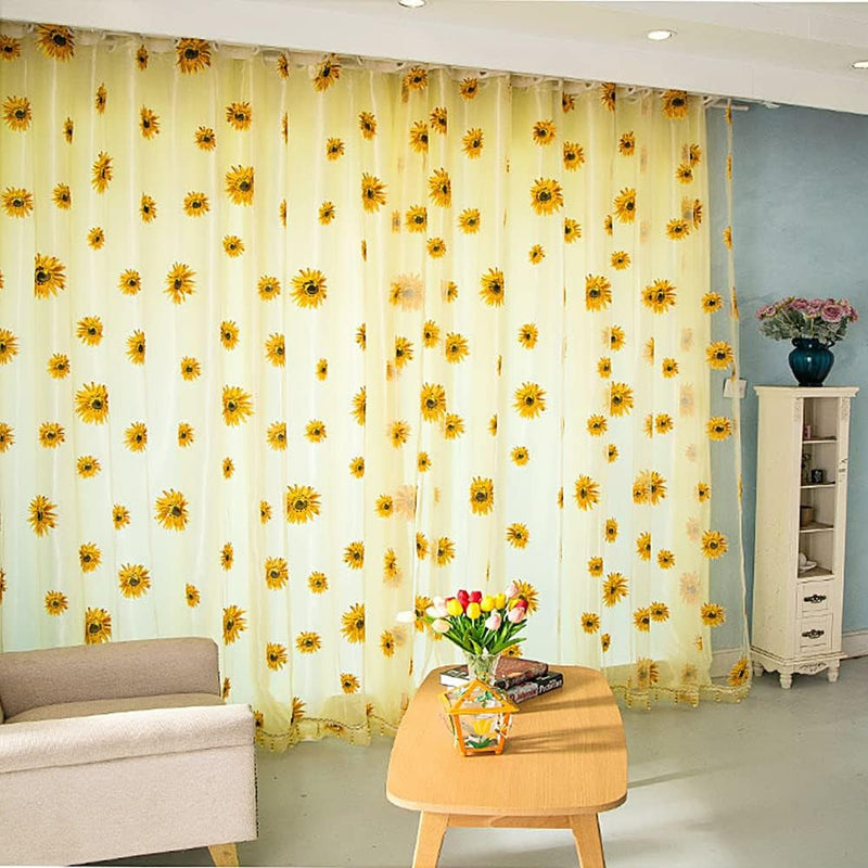 2PCS Sunflower Curtains Yellow Sheer Window Curtains with 2 Curtain Tiebacks Rope for Bedroom Living Room Kitchen Decor, Rod Pocket Window Treatments W39 X L79