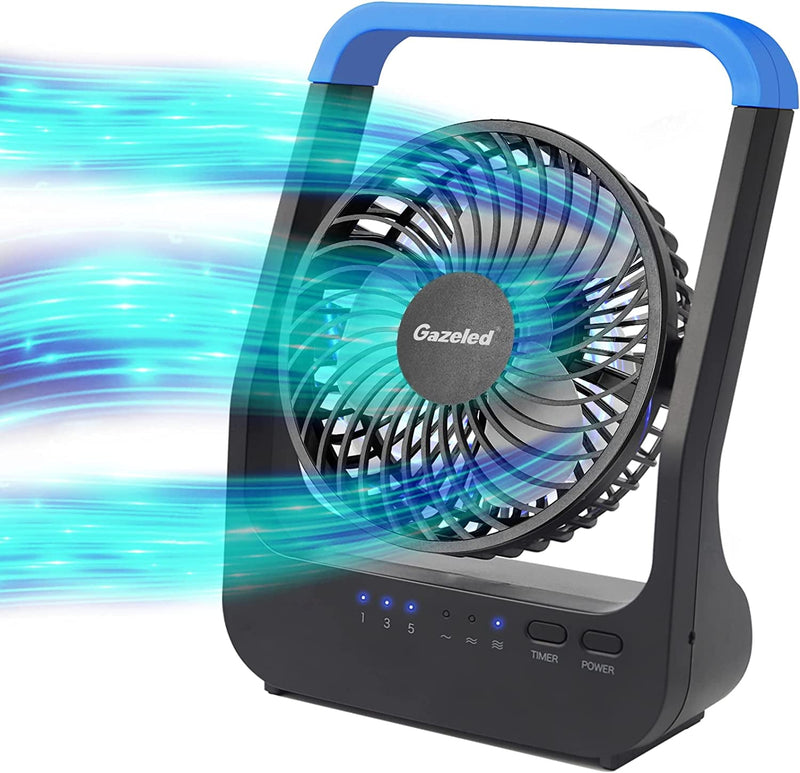 Battery Operated Fan, Camping Fan Battery Powered, Super Long Lasting, Portable D-Cell Battery Powered Desk Fan with Timer, 3 Speeds, Quiet, 180° Rotation, for Office,Bedroom,Outdoor, 5'', Blue