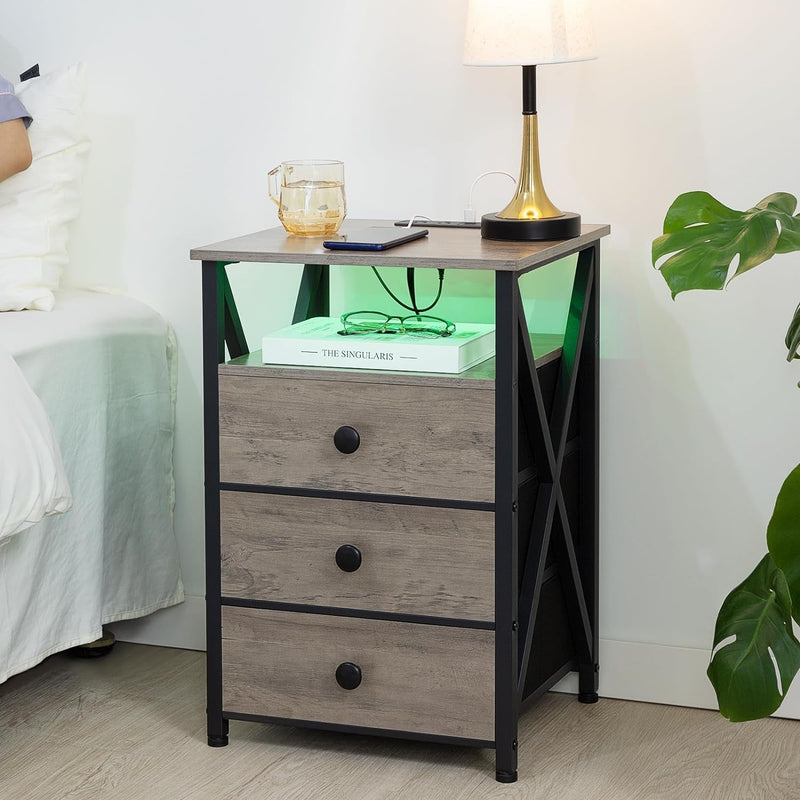 AMHANCIBLE LED Night Stand, Nightstand with Charging Station, Smart End Side Table with USB Port & Power Outlet, Bedside Table with 3 Fabric Drawers for Bedroom, Living Room, Greige HET053LGY1