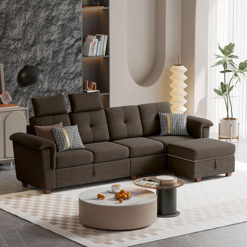 Convertible Sectional Sofa with Storage, 4 Seat L Shaped Couch with Chaise and Cup Holder, Modern Microfiber Fabric Sofas Couches for Living Room, Dark Coffee