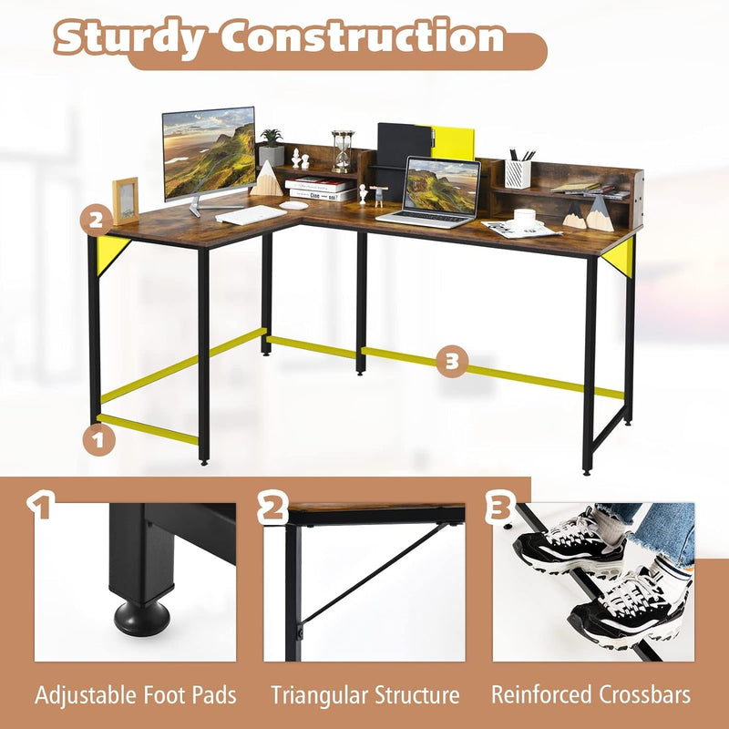 COSTWAY L-Shaped Computer Desk with Hutch, Space-Saving Corner Computer Desk with File Rack & 2 Shelves, 66.5” Industrial Table with Heavy-Duty Steel Frame, for Home Office Study Room (Rustic Brown)