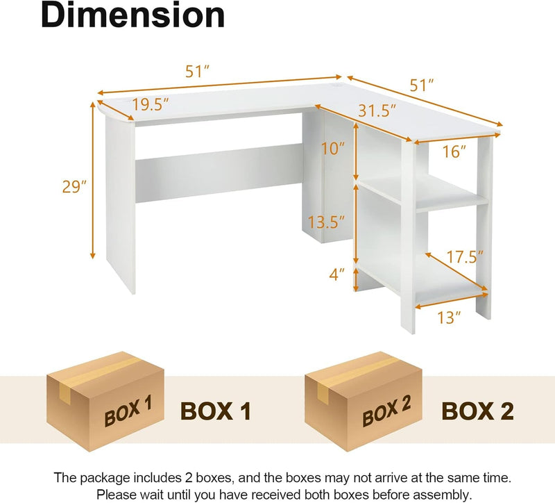 COSTWAY White L-Shaped Desk, 51” Modern Simple Style Writing Desk W/Storage Shelves, 2 Cable Management Holes, Space-Saving Design, Corner Computer Desk for Home, Office, White