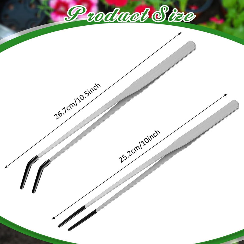 2 Pcs Reptile Feeding Tongs Stainless Steel Long Handle Tweezers Straight and Bent Rubber Tipped Tweezers with 2 Pcs Reptile Food Dish Bowl Terrarium Feeder Tools for Gecko Snake (10'', 10.5'')