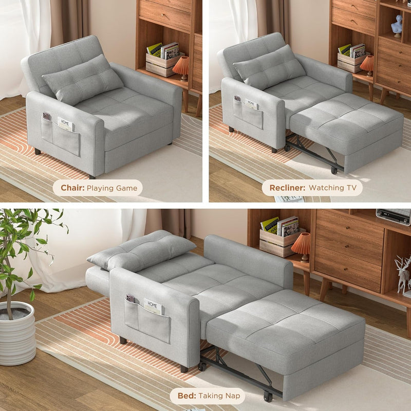 3-In-1 Convertible Sofa Bed, Sleeper Chair Bed Pull Out Chair Bed, Sofa Bed with Adjustable Backrest, Single Sleeper Sofa Comfy Chair for Living Room Apartment (Light Gray)
