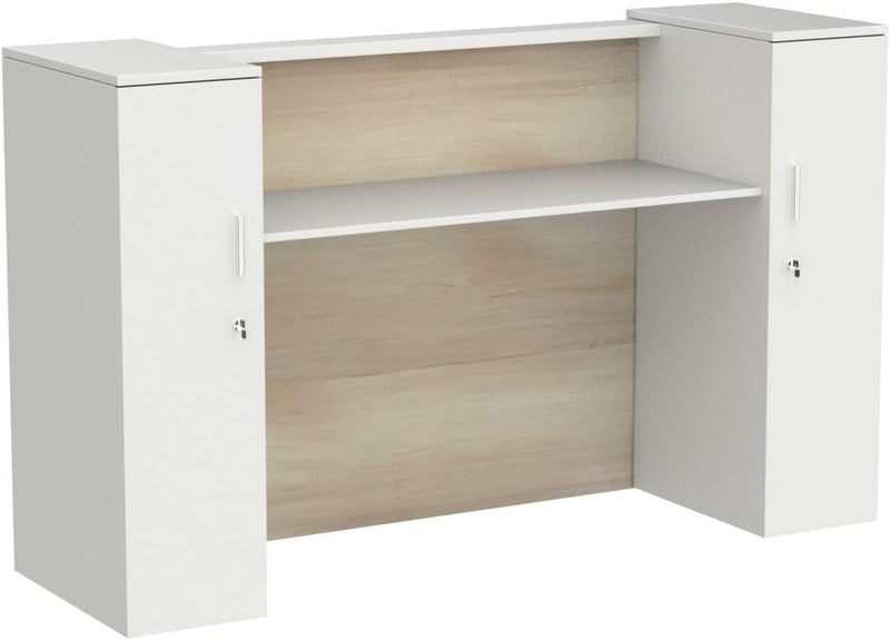 Homsee Modern Reception Desk Counter with 2 Lockable Doors & 6 Storage Compartments, Office Wooden Computer Desk with 2 Cabinets & Adjustable Shelves, White and Brown (70.9”L X 23.6”W X 43.3”H)