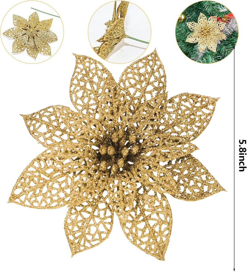 Crazy Night 12Pcs Gold Glitter Poinsettia Artificial Flowers,Christmas Tree Decorations,Wedding Xmas New Year Wreath Ornaments