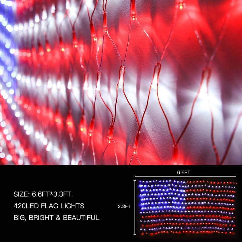 (New) American Flag Lights, Outdoor Flag String Lights 420 LED Waterproof Led Flag Net Light Patriotic Ornaments for Outdoor Home Yard,Garden, Camping, Memorial Day, 4Th of July, Christmas Decorations