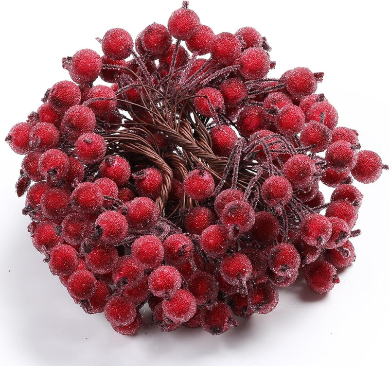 100 Wired Artificial Berry Stems Artificial Flower Decoration 200 Pieces 12Mm Mini Berry Frosted Christmas Fruit, Red