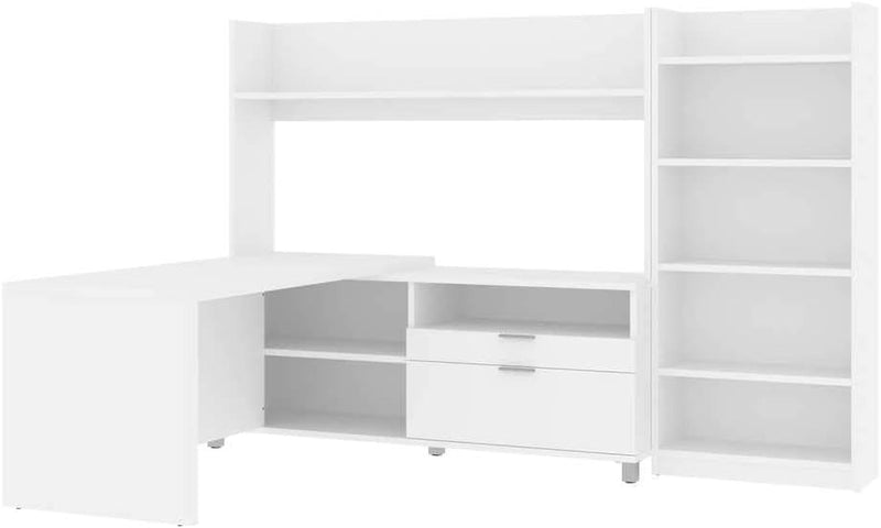 Bestar Pro-Linea L-Shaped Desk with Hutch and Bookcase, 72W, White