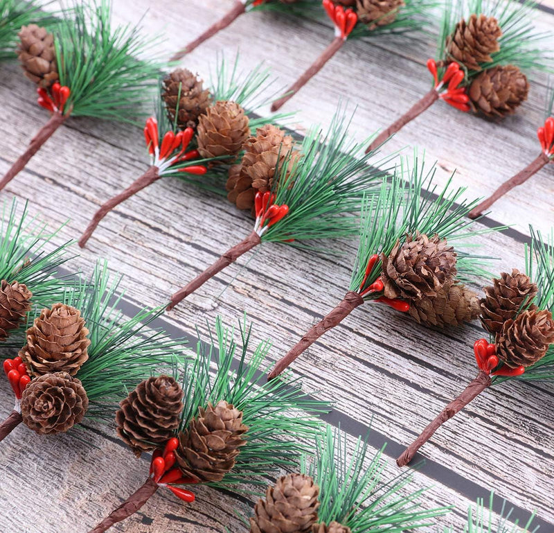 20Pcs Artificial Pine Picks Christmas Pine Picks Small Fake Berries Pinecones Branches Artificial Pine Tree for Christmas Flower Arrangements Wreaths and Holiday Decor