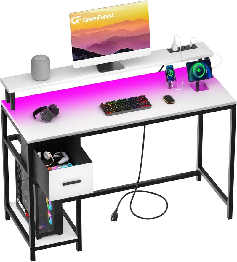 Greenforest Computer Desk with Drawers 39 Inch,Gaming Desk with LED Lights & Power Outlets Small Desk with Monitor Stand and Reversible Shelf,Black